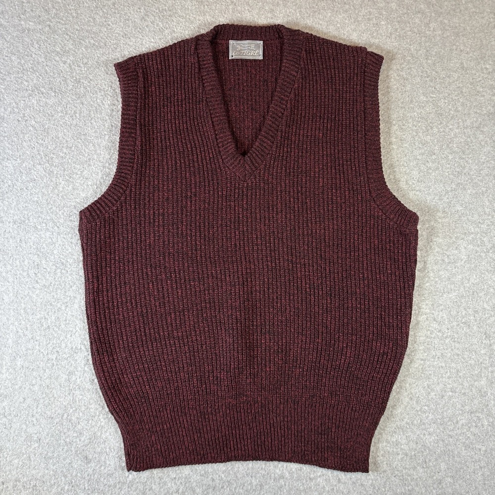 VTG Le Tigre Sleeveless Maroon Ribbed Vest Made In USA Sz L 100% Acrylic V Neck